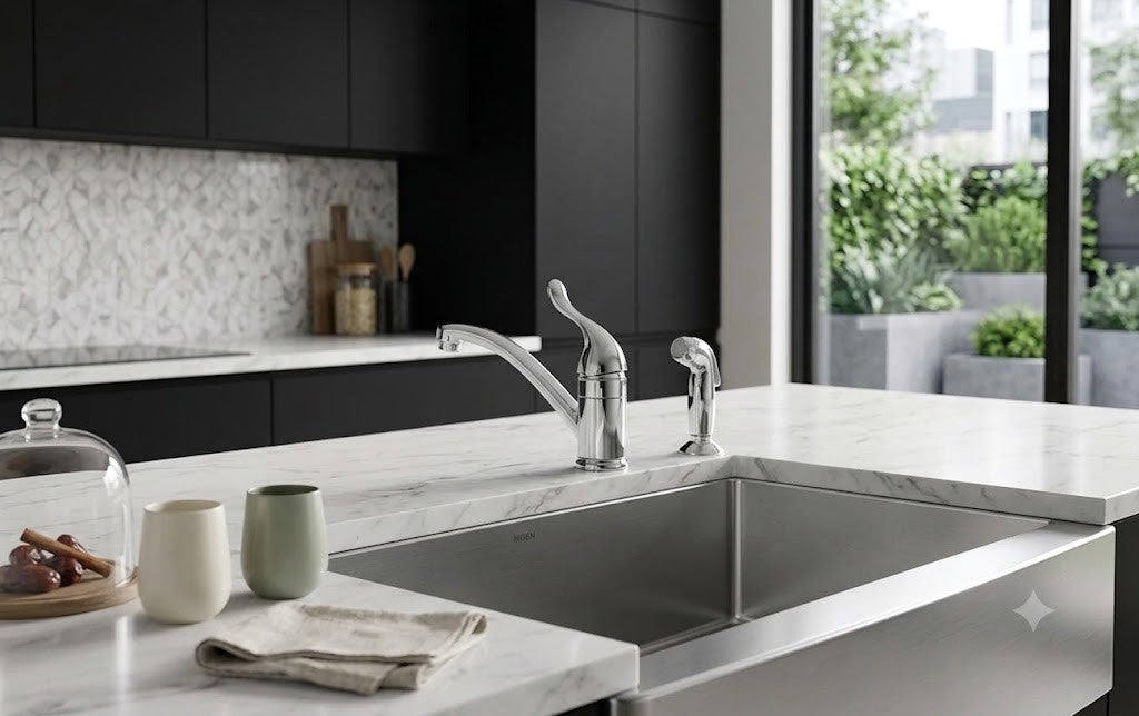 Moen CA87530 Adler Chrome One Handle Kitchen Faucet Side Spray Low Arc New